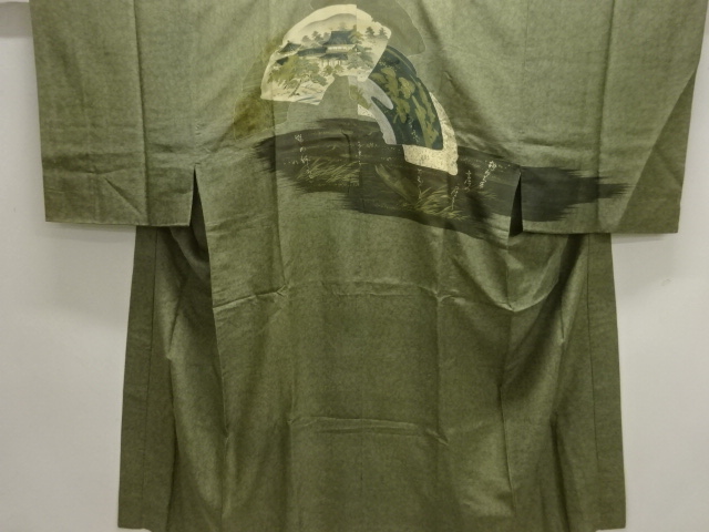 アンティーク　破れ地紙に屋敷風景模様男物長襦袢